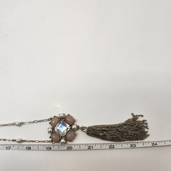 WHBM Pink Clear Rhinestone Metal Tassel Long Necklace Gold Tone Glass Bead - Picture 5 of 6